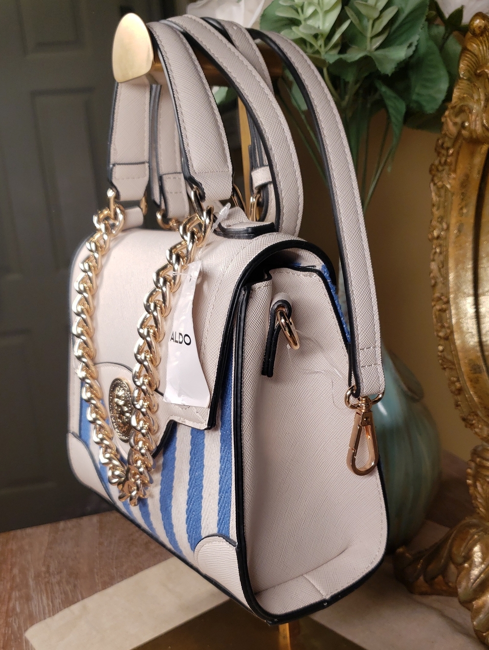 ALDO Blue & White Striped Satchel Crossbody w/ Gold Lion & Chain Accent NWT! - Picture 3 of 11